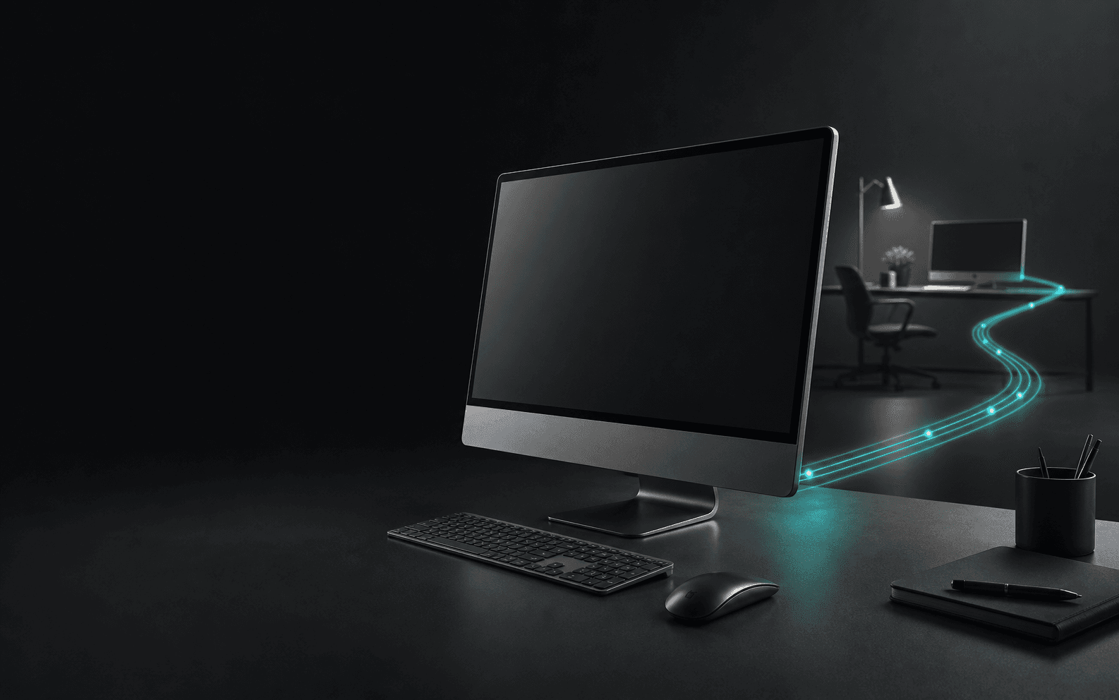 Two workstations connected by a subtle teal path, representing remote technical support.